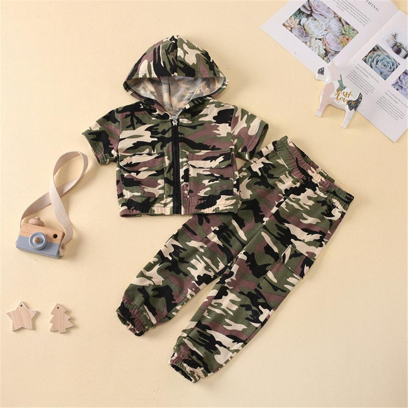 Unisex Camo Printed Hooded Short Sleeve Zipper Top & Pants Kids Wholesale clothes - PrettyKid