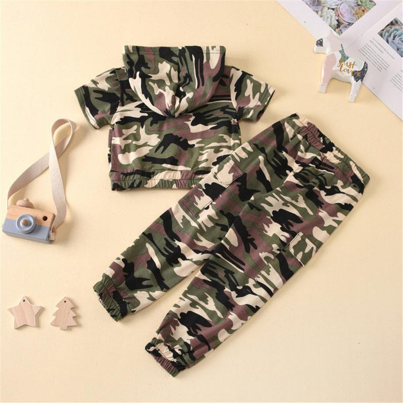 Unisex Camo Printed Hooded Short Sleeve Zipper Top & Pants Kids Wholesale clothes - PrettyKid