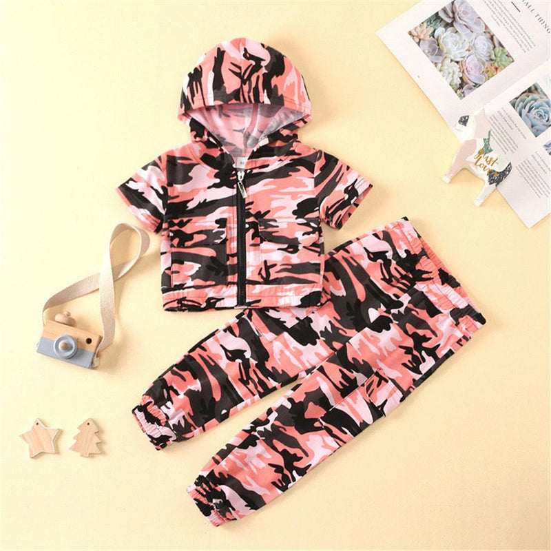 Unisex Camo Printed Hooded Short Sleeve Zipper Top & Pants Kids Wholesale clothes - PrettyKid