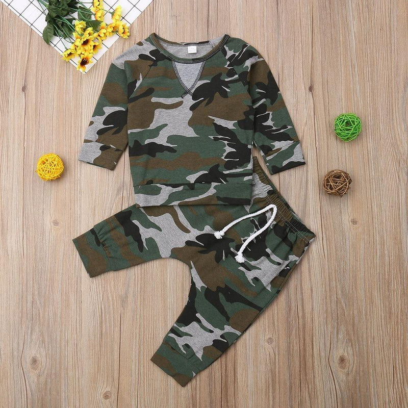 Boys Camo Printed Long Sleeve Casual Tops & Pants - PrettyKid