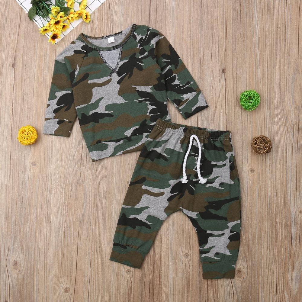 Boys Camo Printed Long Sleeve Casual Tops & Pants - PrettyKid