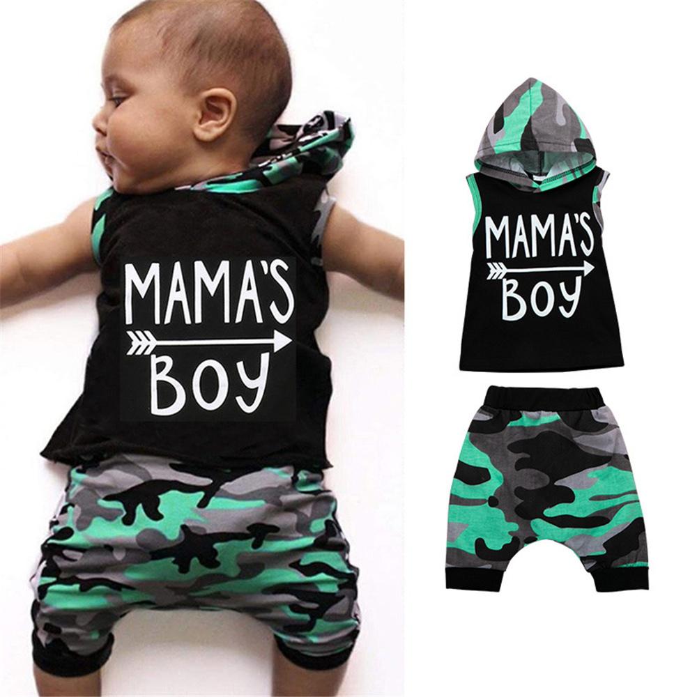 Baby Boys Camo Printed Mamas Boy Sleeveless Hooded Top & Pants Wholesale Baby Clothes In Bulk - PrettyKid