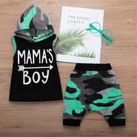 Baby Boys Camo Printed Mamas Boy Sleeveless Hooded Top & Pants Wholesale Baby Clothes In Bulk - PrettyKid