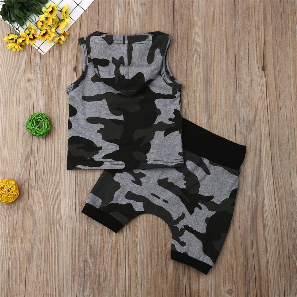 Boys Camo Printed Sleeveless Hooded Top & Shorts Boys Casual Suits - PrettyKid