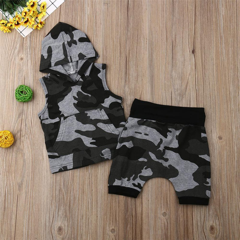 Boys Camo Printed Sleeveless Hooded Top & Shorts Boys Casual Suits - PrettyKid