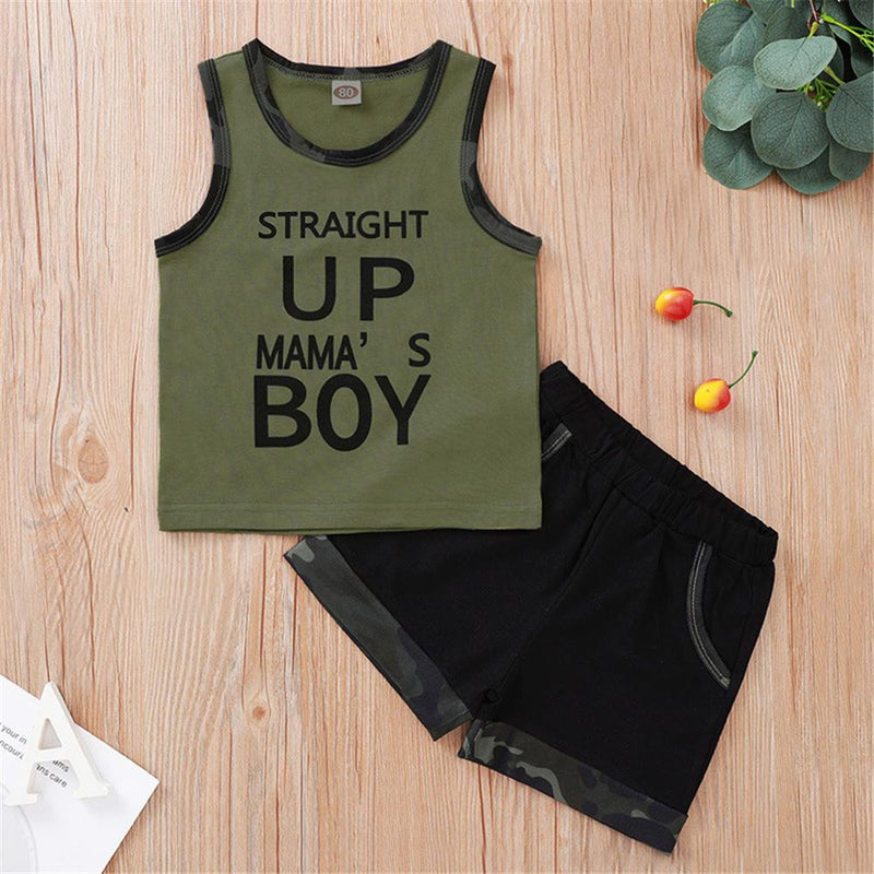 Baby Boys Camo Straight Up Mama's Boy Sleeveless Top & Shorts Baby Wholesale Clothing Suppliers - PrettyKid