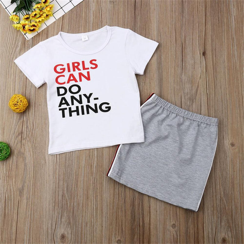 Girls Can Do Anything Printed Short Sleeve Top & Skirt Wholesale Clothing For Girls - PrettyKid