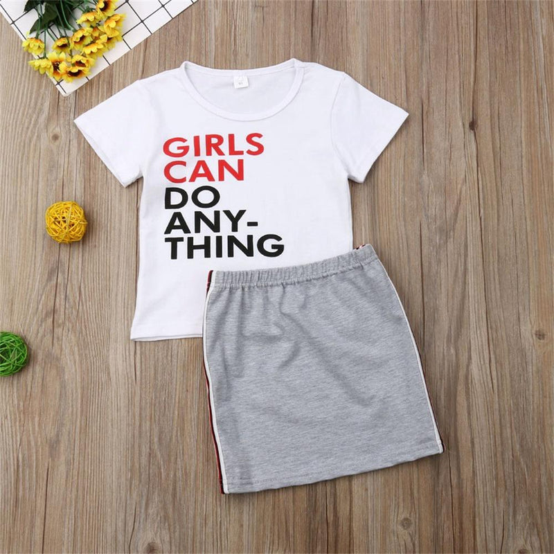 Girls Can Do Anything Printed Short Sleeve Top & Skirt Wholesale Clothing For Girls - PrettyKid