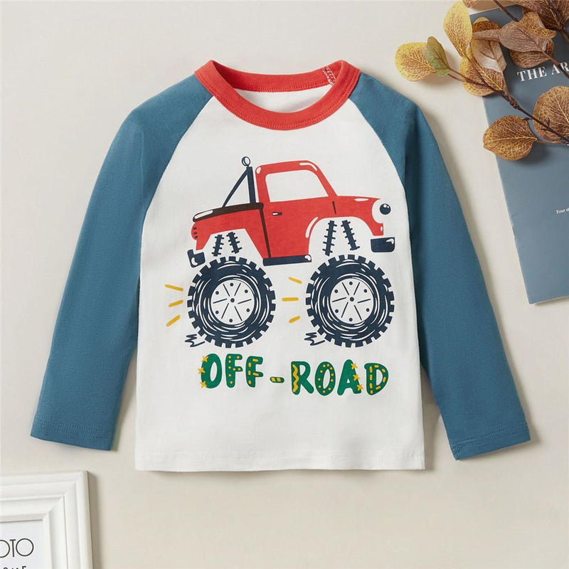 Boys Car Cartoon Letter Print Long Sleeve Tops - PrettyKid