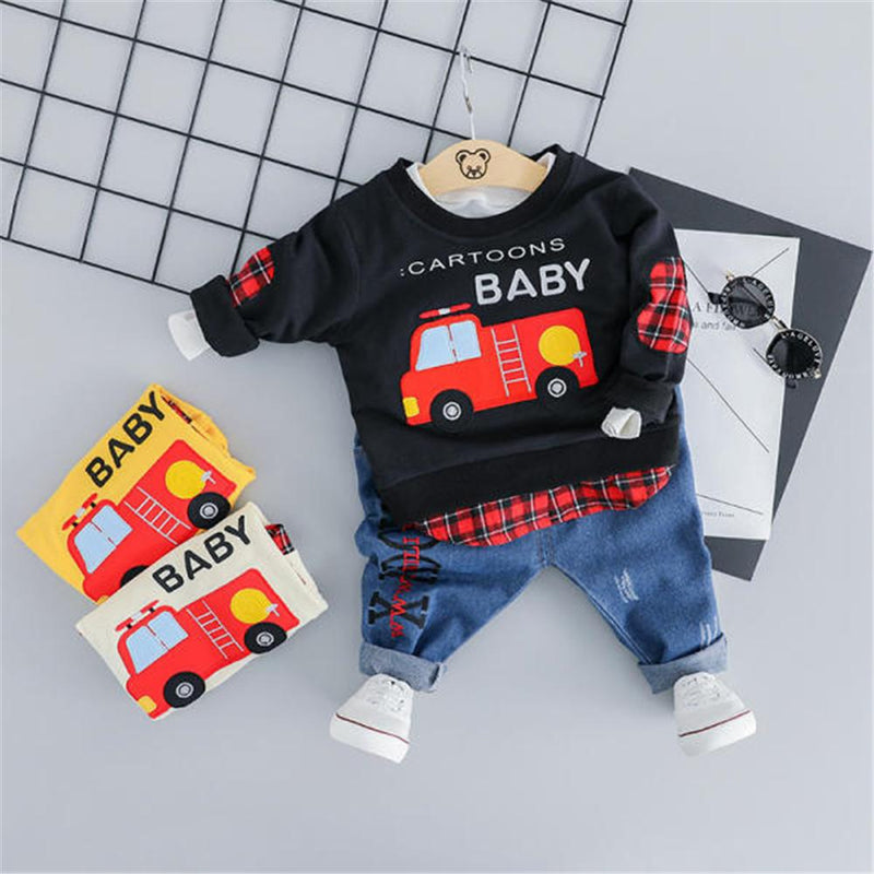 Boys Car Letter Cartoon Printed Tops & Jeans - PrettyKid