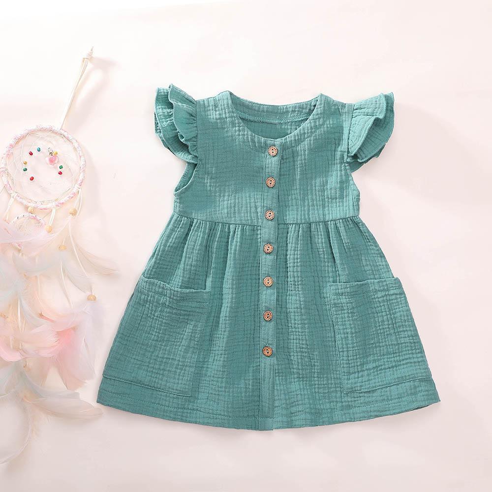 Girls Cardigan Cotton Linen Solid Color Pocket Dress Wholesale Girl Clothing - PrettyKid