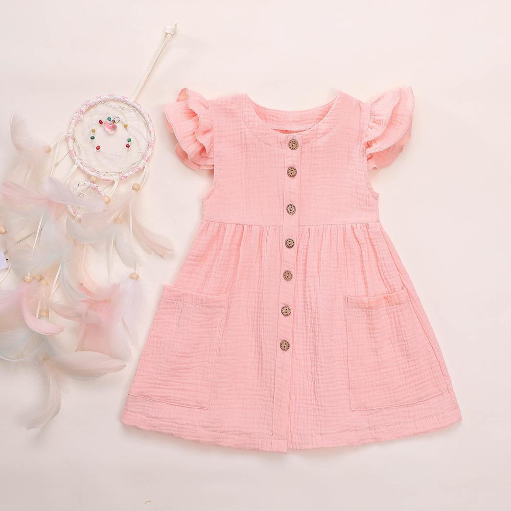 Girls Cardigan Cotton Linen Solid Color Pocket Dress Wholesale Girl Clothing - PrettyKid