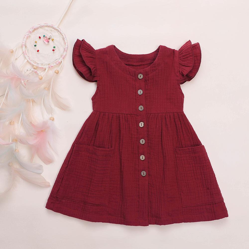 Girls Cardigan Cotton Linen Solid Color Pocket Dress Wholesale Girl Clothing - PrettyKid
