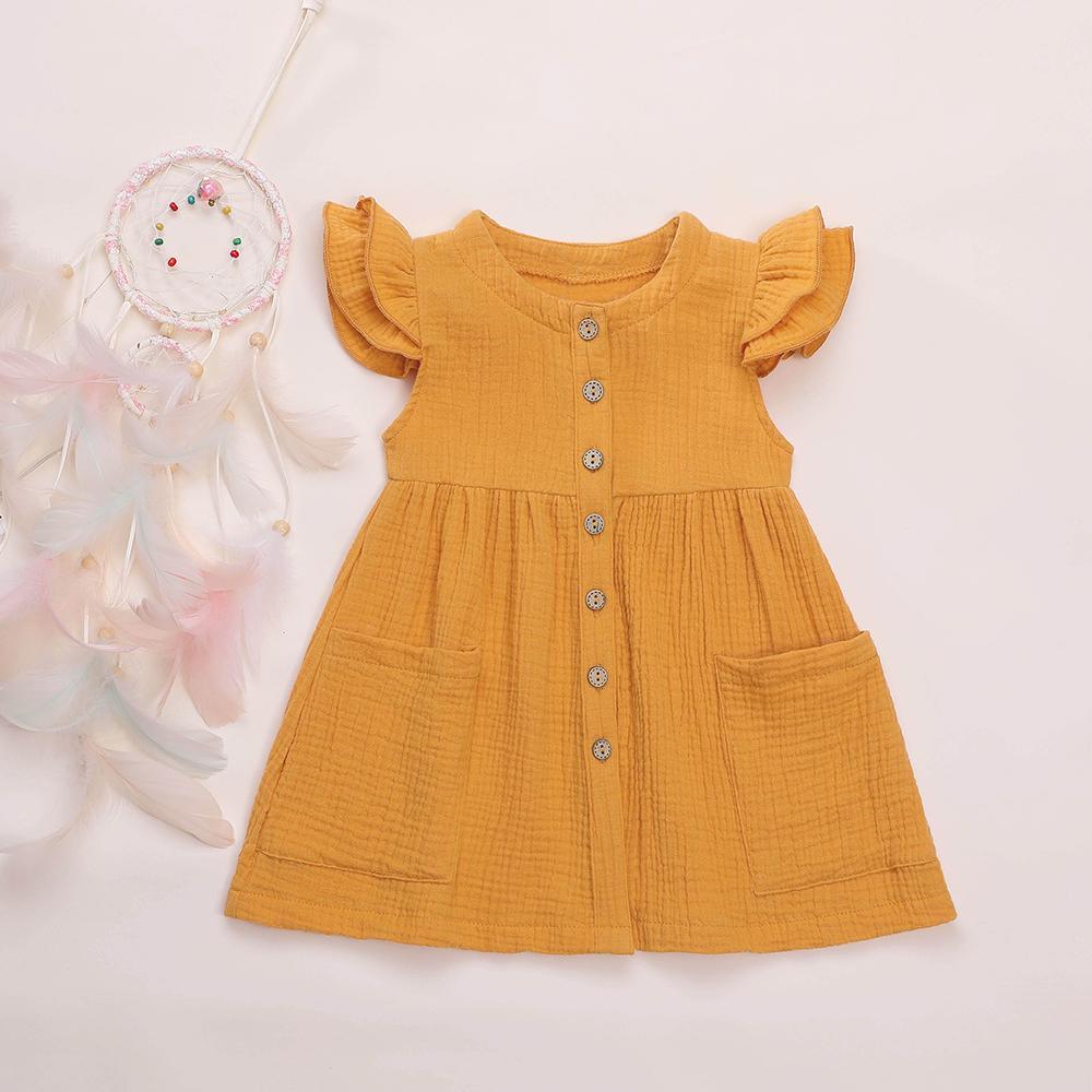 Girls Cardigan Cotton Linen Solid Color Pocket Dress Wholesale Girl Clothing - PrettyKid