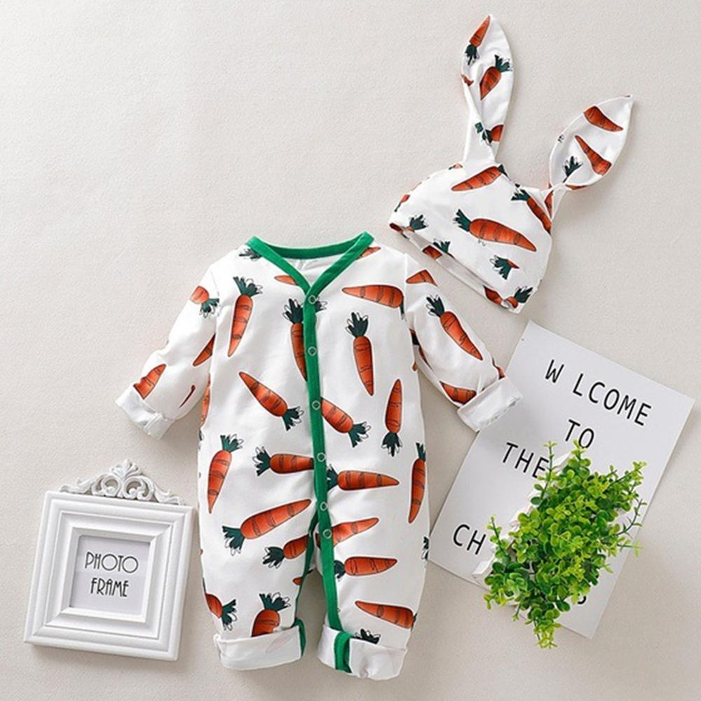 Baby Girl Carrot Printed Long Sleeve Romper & Rabbit Ear Hat - PrettyKid