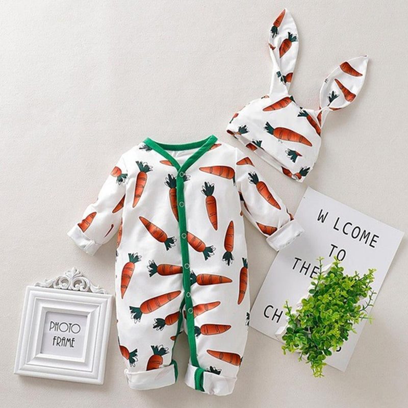 Baby Girl Carrot Printed Long Sleeve Romper & Rabbit Ear Hat - PrettyKid