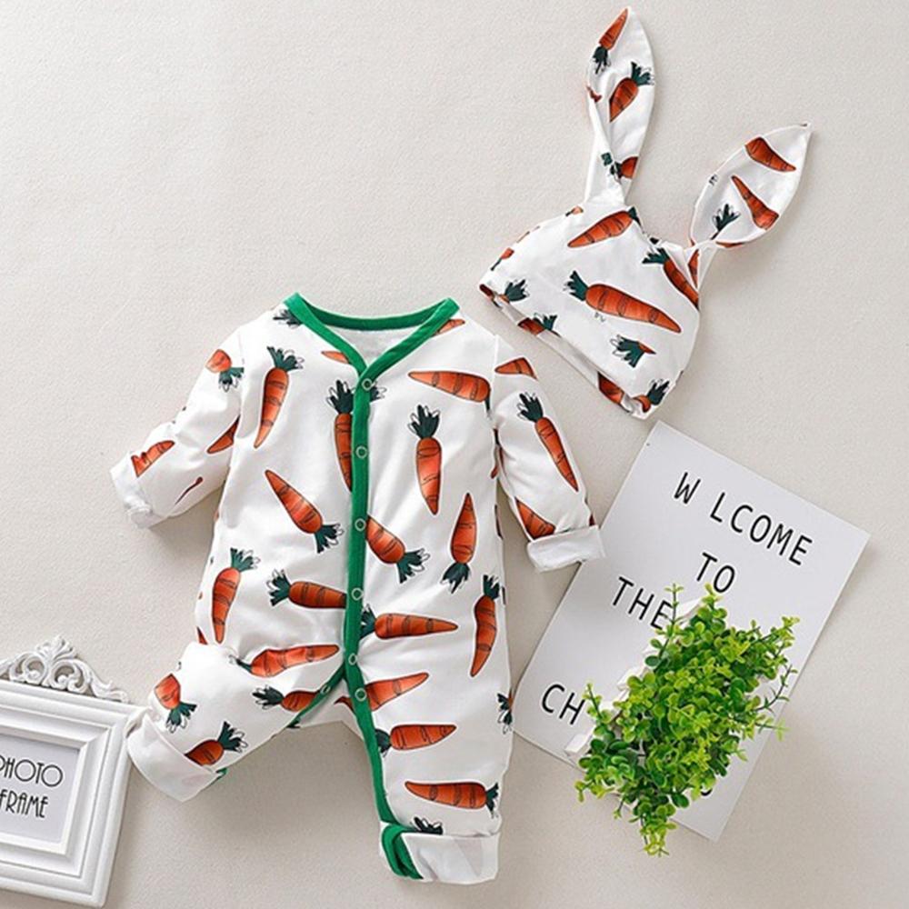 Baby Girl Carrot Printed Long Sleeve Romper & Rabbit Ear Hat - PrettyKid