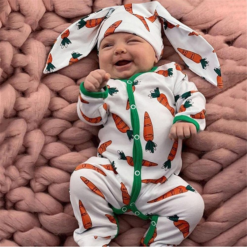 Baby Girl Carrot Printed Long Sleeve Romper & Rabbit Ear Hat - PrettyKid