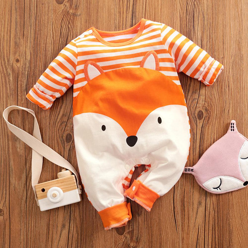 Baby Cartoon Animal Long Sleeve Striped Romper - PrettyKid