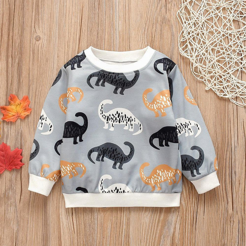 Boys Cartoon Animal Printed Long Sleeve Crew Neck Tops - PrettyKid