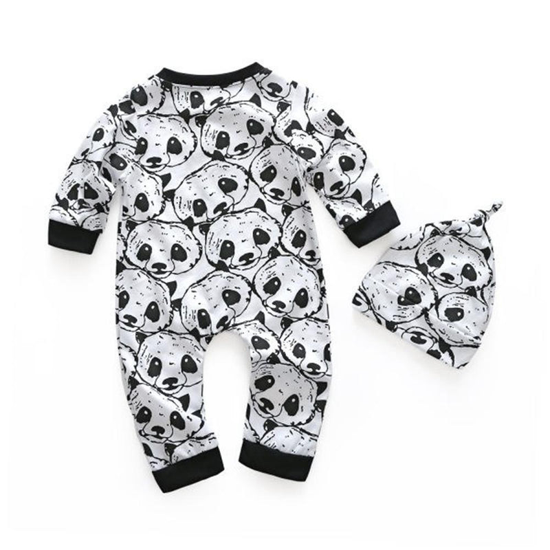 Boys Cartoon Animal Printed Long Sleeve Romper & Hat - PrettyKid