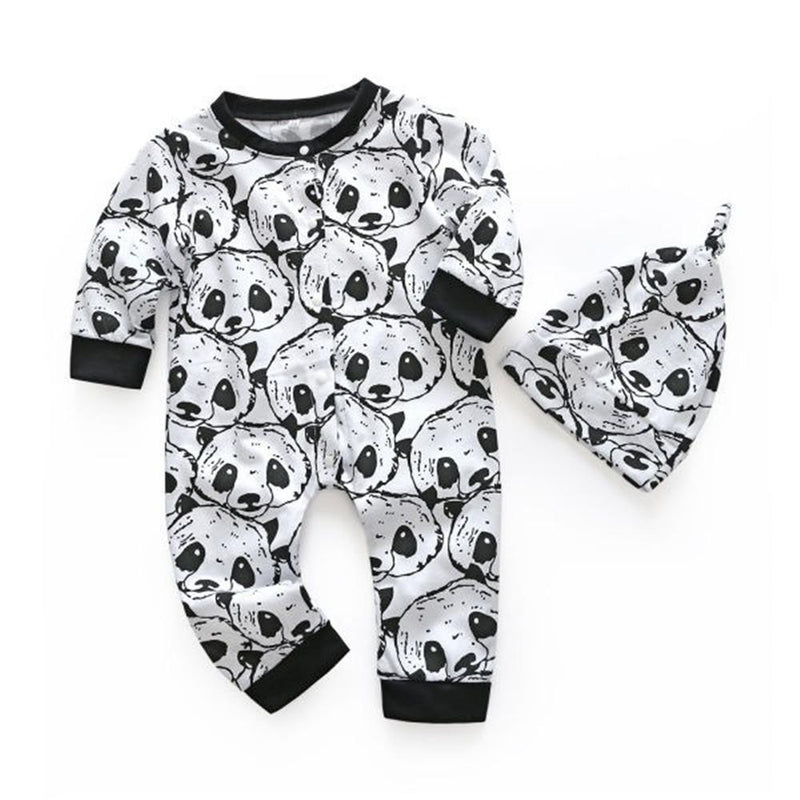 Boys Cartoon Animal Printed Long Sleeve Romper & Hat - PrettyKid