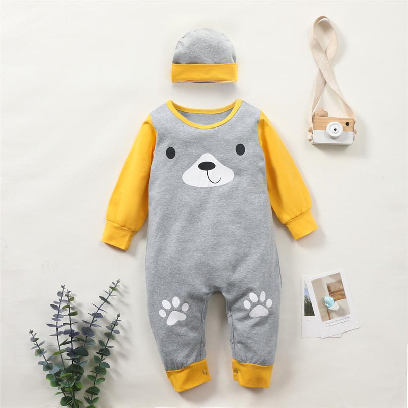 Baby Boys Cartoon Bear Printed Long Sleeve Romper & Hat Buy Baby Clothes Wholesale - PrettyKid