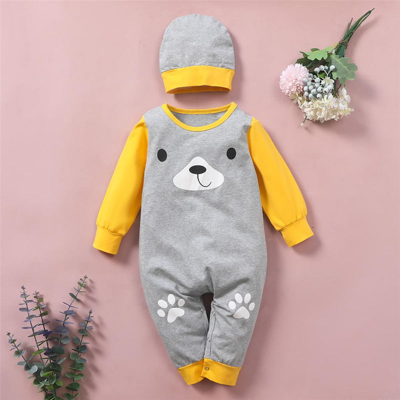 Baby Boys Cartoon Bear Printed Long Sleeve Romper & Hat Buy Baby Clothes Wholesale - PrettyKid