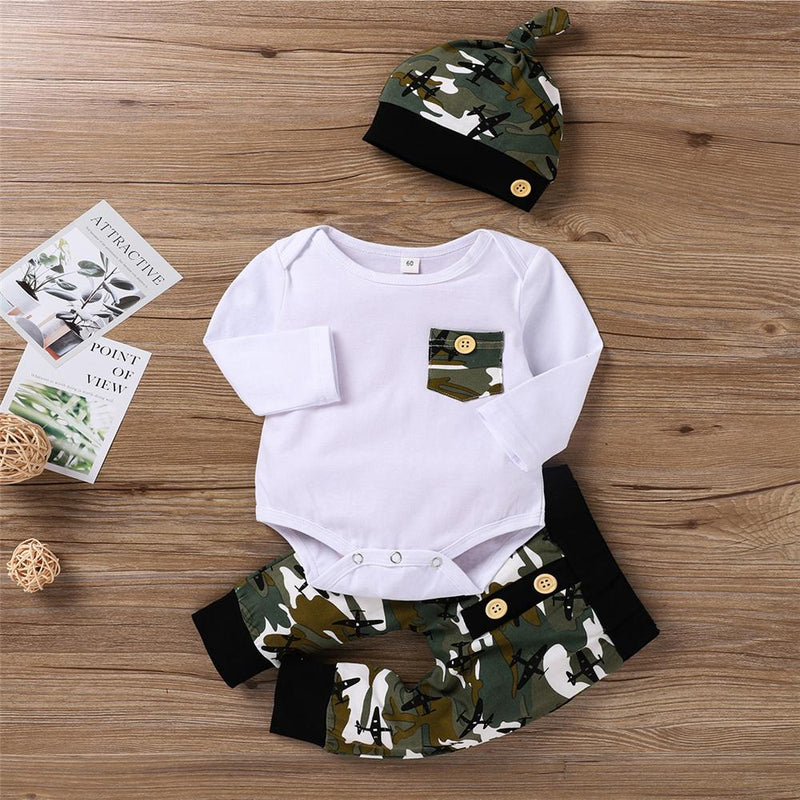 Baby Boys Cartoon Camo Romper & Pants & Hat Baby Clothing Distributor - PrettyKid