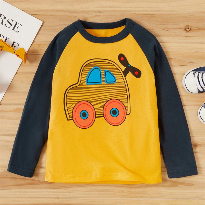 Boys Cartoon Car Printed Long Sleeve Tops - PrettyKid