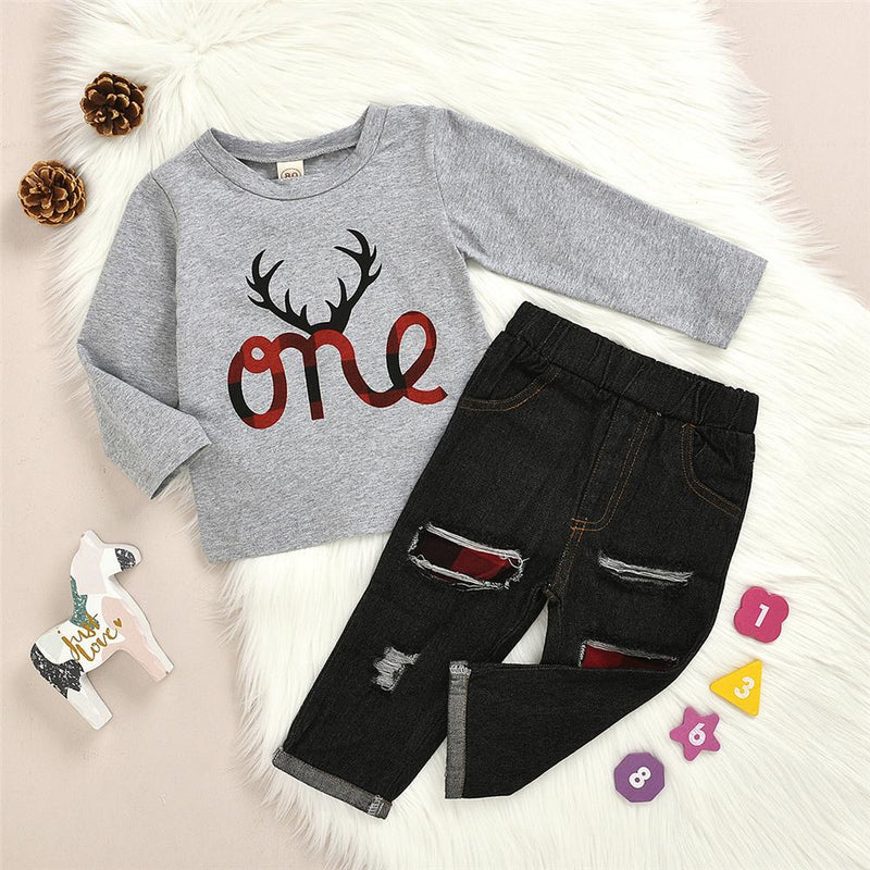 Baby Unisex Cartoon Crew Neck Top & Plaid Ripped Jeans Baby Wholesales - PrettyKid