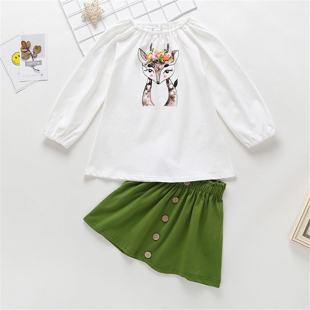 Girls Cartoon Deer Long Sleeve Top & Skirt - PrettyKid