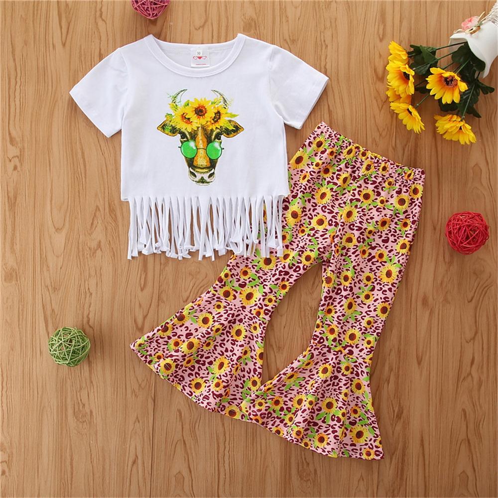 Girls Cartoon Flower Printed Tassel Short Sleeve Top & Bell Trousers Girls Clothes Wholesale - PrettyKid