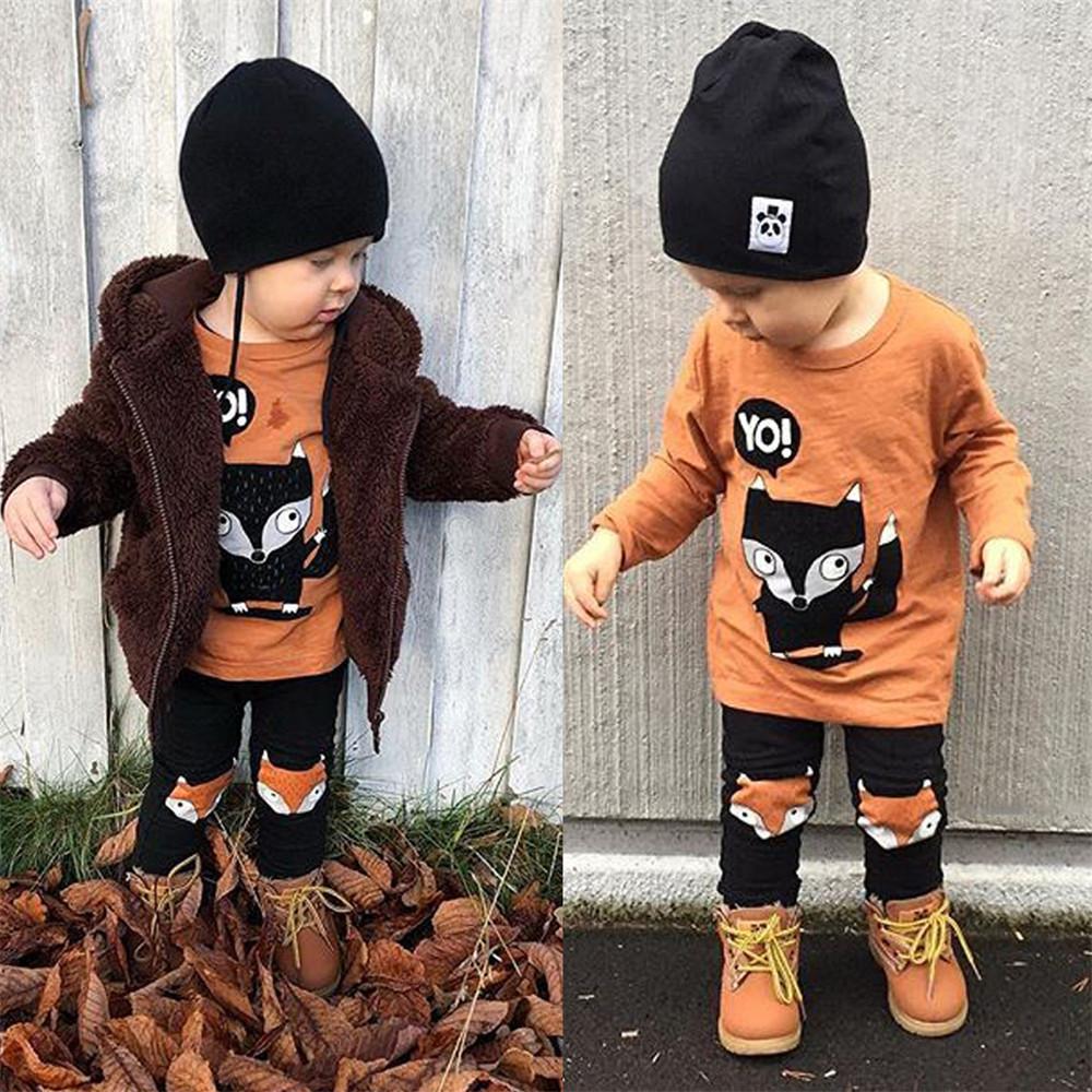 Boys Cartoon Fox Printed Long Sleeve Tops & Pants - PrettyKid