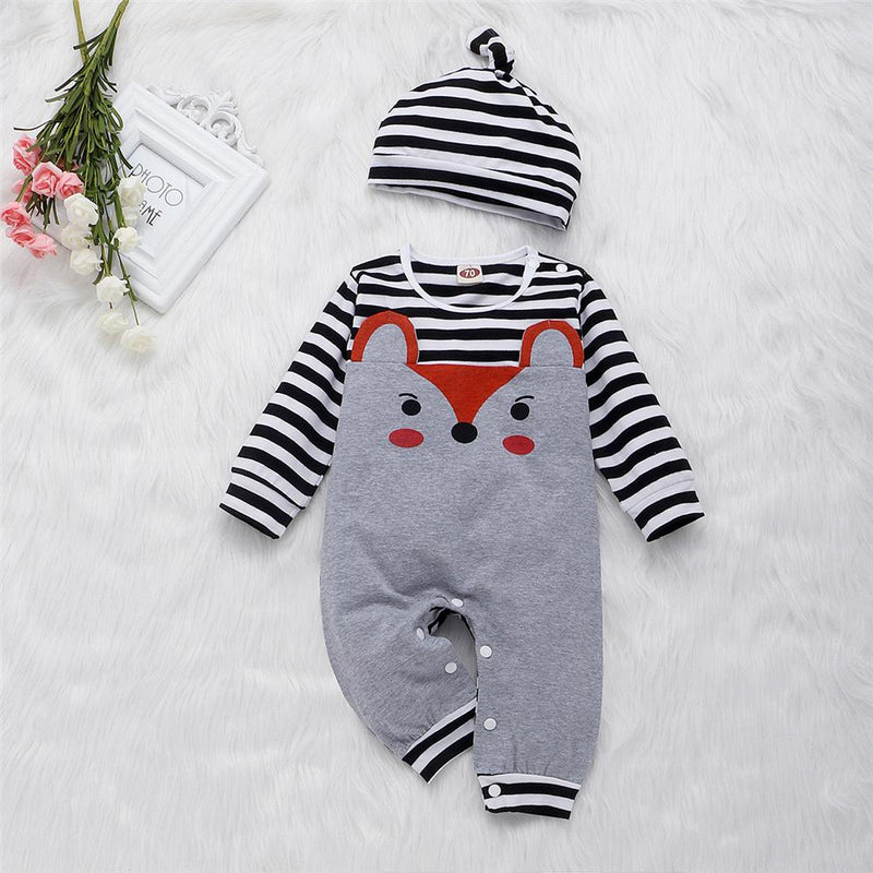Baby Unisex Cartoon Fox Striped Romper & Hat Baby Clothes Suppliers - PrettyKid