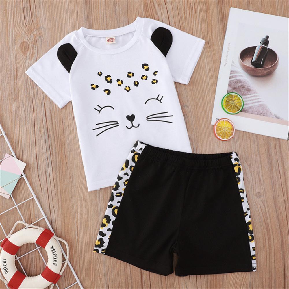 Toddler Girls Cartoon Leopard Printed Short Sleeve Top & Shorts Baby Girl Boutique Clothing Wholesale - PrettyKid