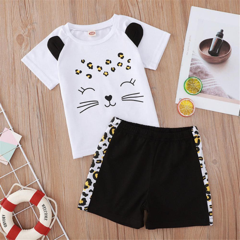 Toddler Girls Cartoon Leopard Printed Short Sleeve Top & Shorts Baby Girl Boutique Clothing Wholesale - PrettyKid
