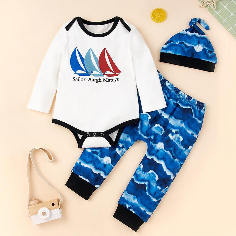 Baby Boys Cartoon Letter Printed Romper & Pants & Hat Baby Outfits - PrettyKid