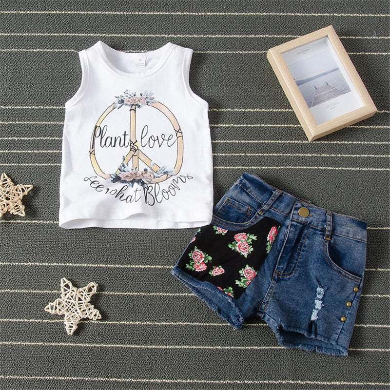 Girls Cartoon Letter Printed Sleeve Top & Floral Denim Shorts Girls clothes Wholesalers - PrettyKid