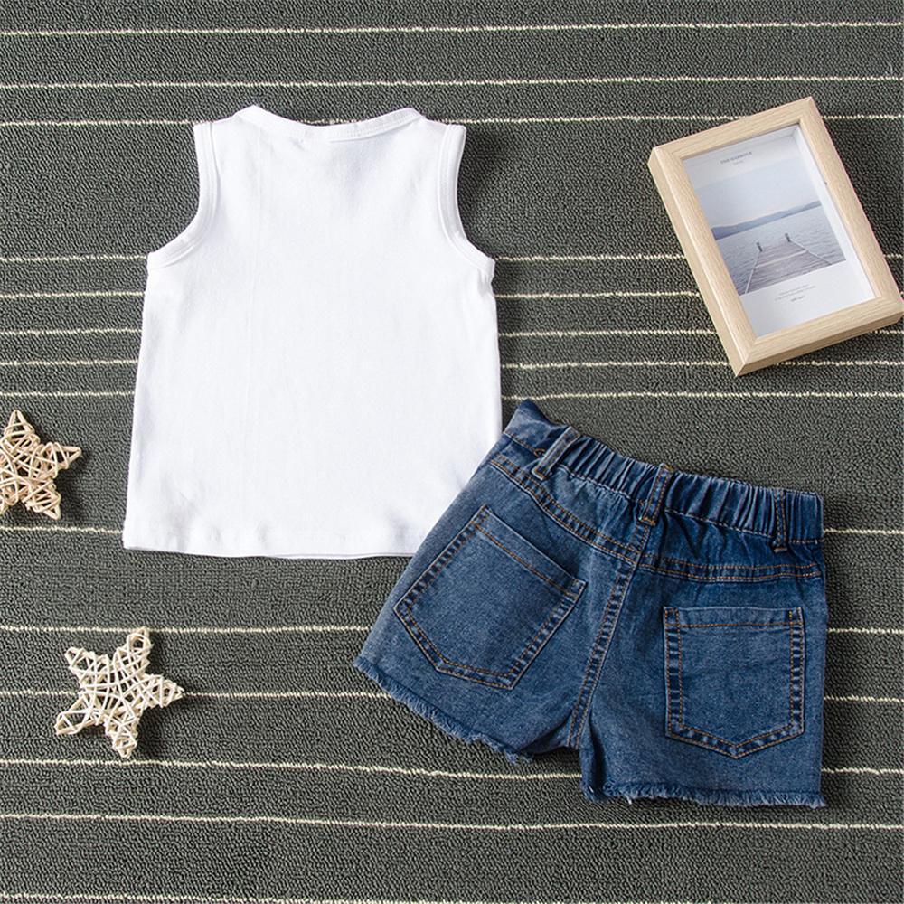 Girls Cartoon Letter Printed Sleeve Top & Floral Denim Shorts Girls clothes Wholesalers - PrettyKid