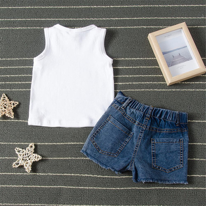 Girls Cartoon Letter Printed Sleeve Top & Floral Denim Shorts Girls clothes Wholesalers - PrettyKid