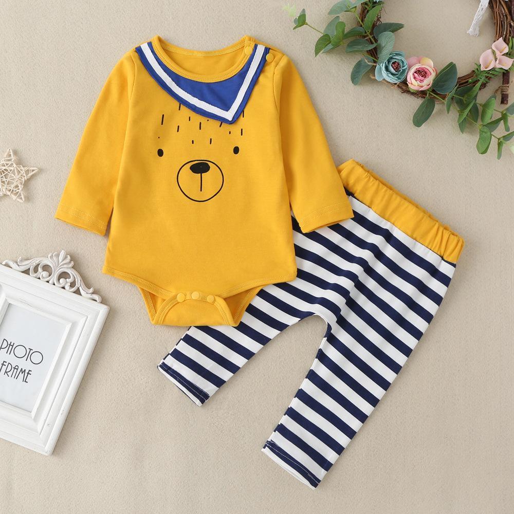 Baby Boys Cartoon Long Sleeve Romper & Stripe Bottoms Baby Wholesale - PrettyKid