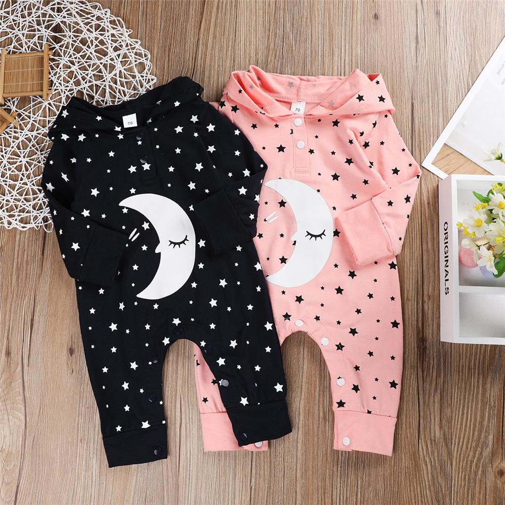 Baby Unisex Cartoon Moon Star Printed Long Sleeve Hooded Romper Wholesale Clothing Baby - PrettyKid