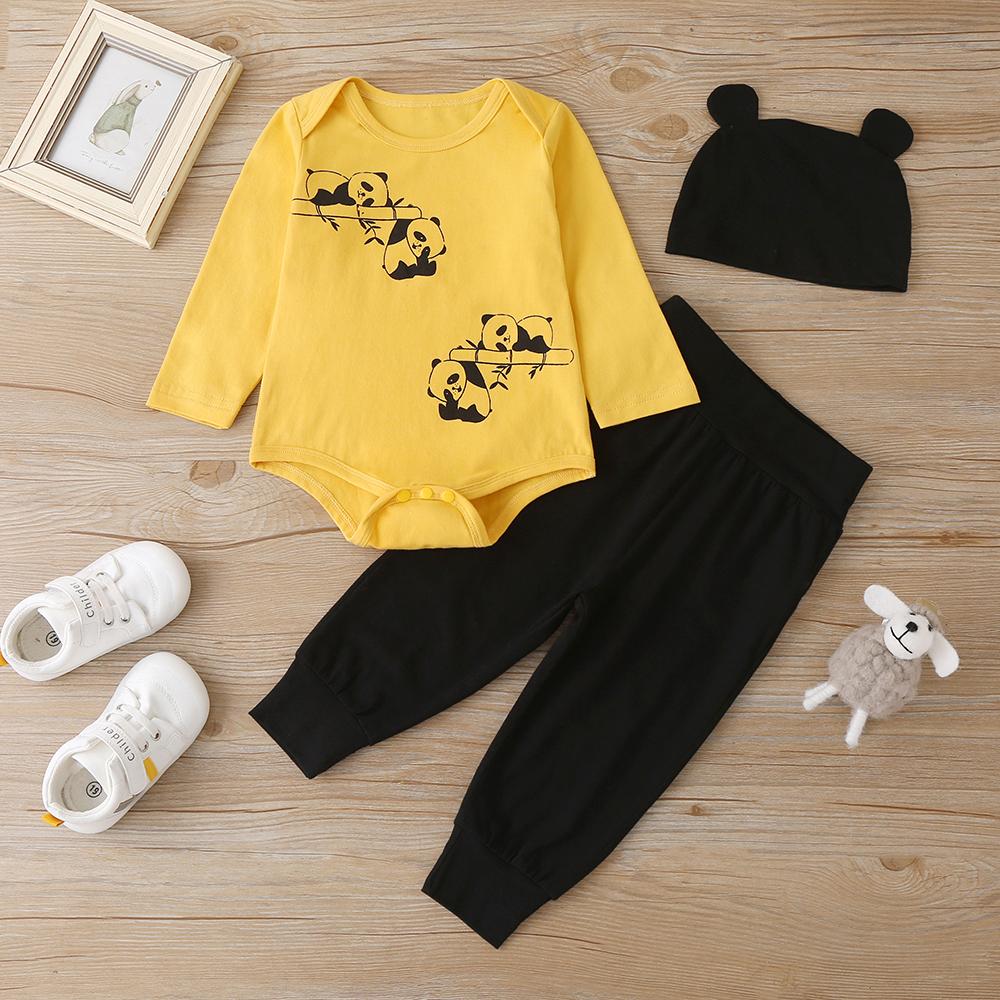 Baby Boy Cartoon Panda Printed Long Sleeve Romper & Pants & Hat Baby Boutique clothes Wholesale - PrettyKid