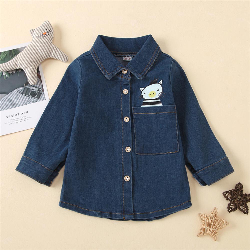 Boys Cartoon Pocket Lapel Button Long Sleeve Shirt Boy Wholesale Clothing - PrettyKid