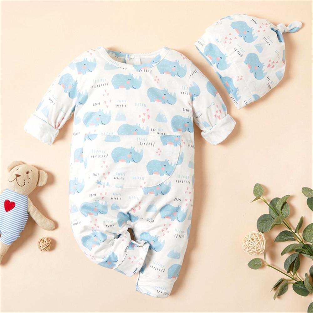 Baby Boys Cartoon Printed Casual Romper & Hat - PrettyKid