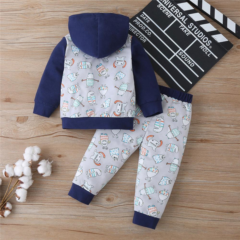 Baby Boys Cartoon Printed Hooded Long Sleeve Top & Pants Boys Casual Suits - PrettyKid