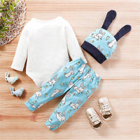 Baby Rabbit Cartoon Printed Long-sleeve Romper & Pants & Hat - PrettyKid