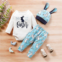 Baby Rabbit Cartoon Printed Long-sleeve Romper & Pants & Hat - PrettyKid
