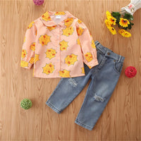 Girls Cartoon Printed Long Sleeve Blouse & Ripped Jeans Girl Wholesale - PrettyKid